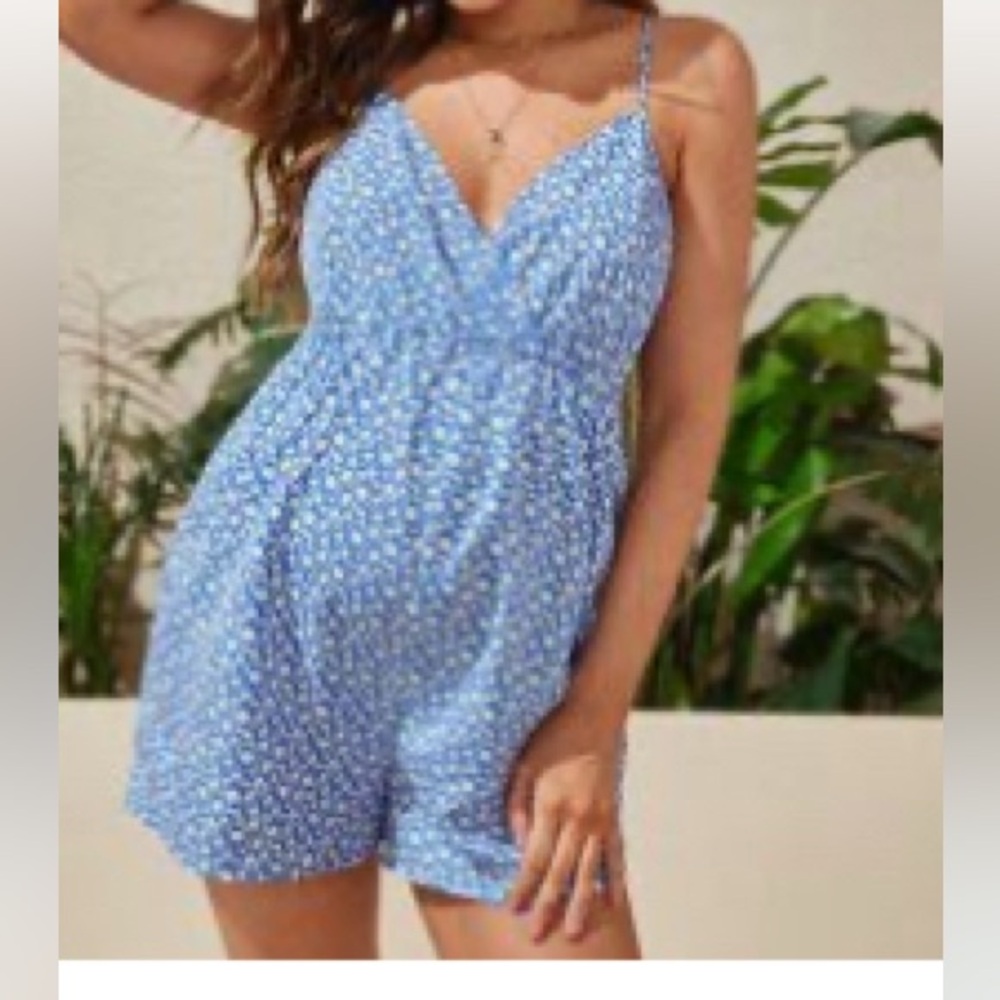 SHEIN Blue Floral Spaghetti-Strap Romper